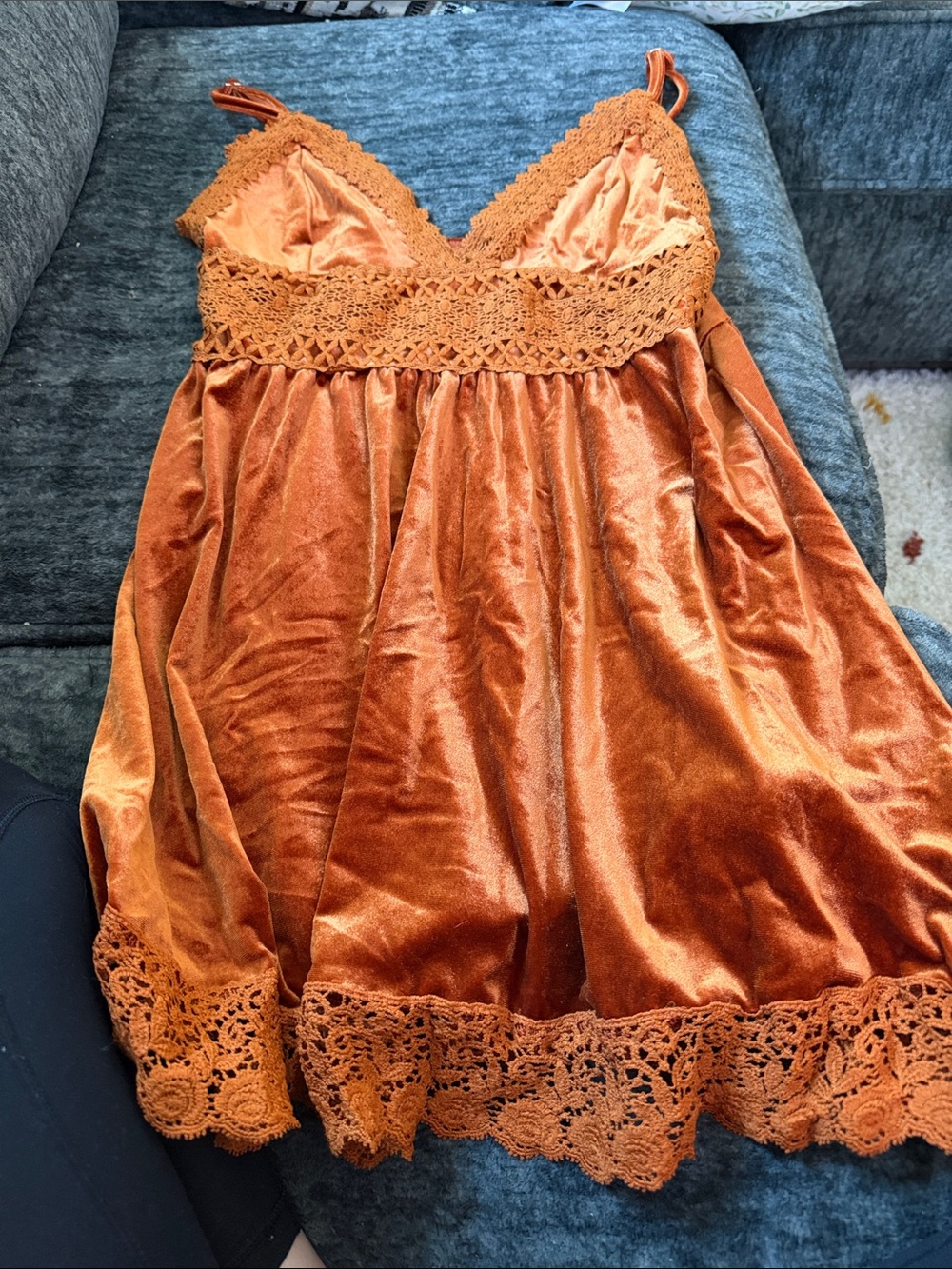 Velvet Crochet-Trim Girls' Dress in Rust